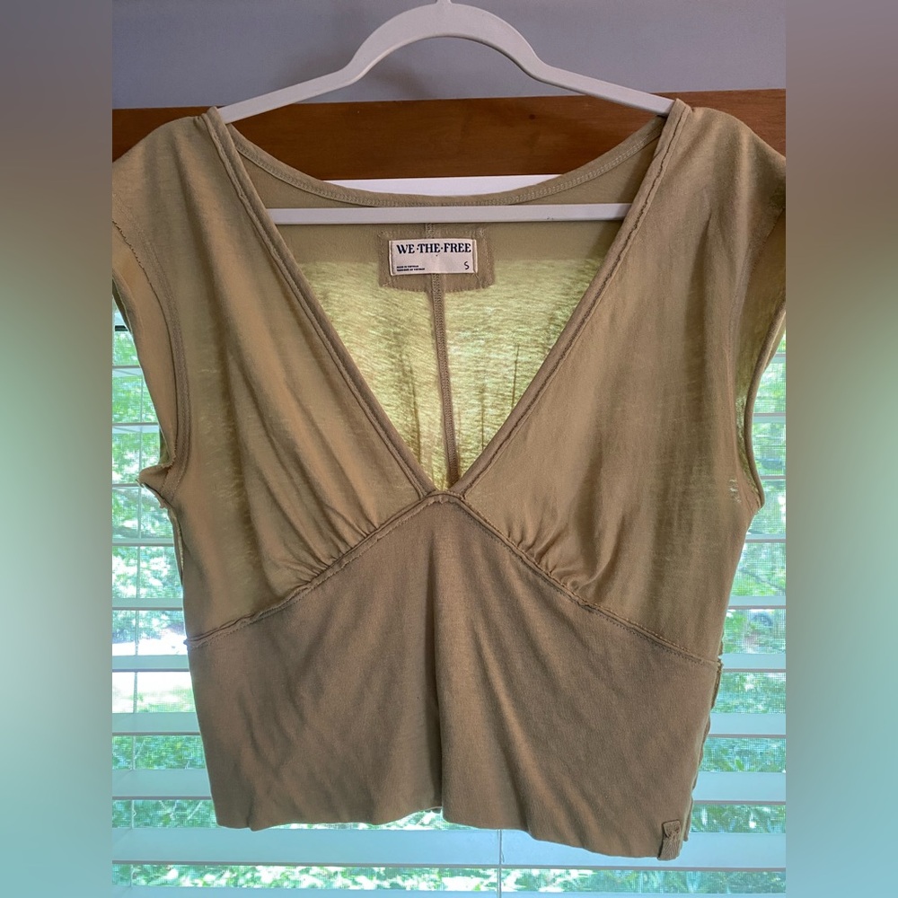 We The Free Khaki/Lite Green V-Neck Top, Perfect Condition